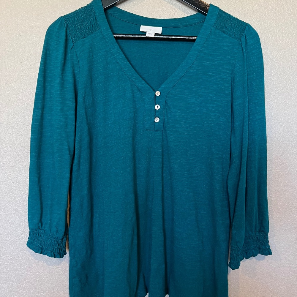 J.Jill Women's Smocked-Sleeve Henley Top Size XS Color Oceanside Worn Once